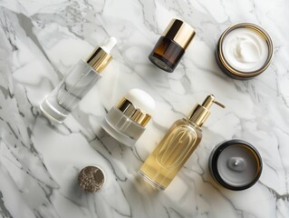 Luxury cosmetic products on marble background – top view mockup