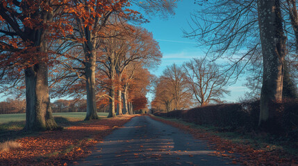 A winding country road lined with towering trees in brilliant shades of orange and yellow, with fallen leaves scattered across the path under a vivid blue sky.