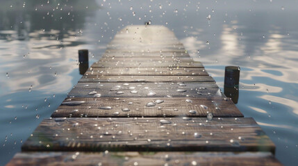 A wooden dock extending into a calm lake during a light drizzle, with raindrops creating delicate ripples on the water and storm clouds reflecting on the surface.