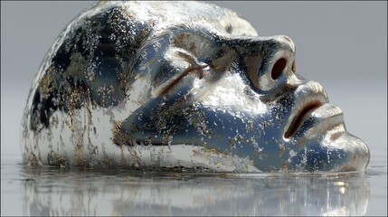 Half human face half morphing mercury liquid, adaptability theme, reflective silver background