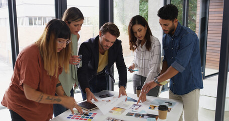 Office, business people and teamwork with choice for color swatch, creative agency and planning. Boardroom, women or men as graphic designer with palette for brainstorming, company branding or point