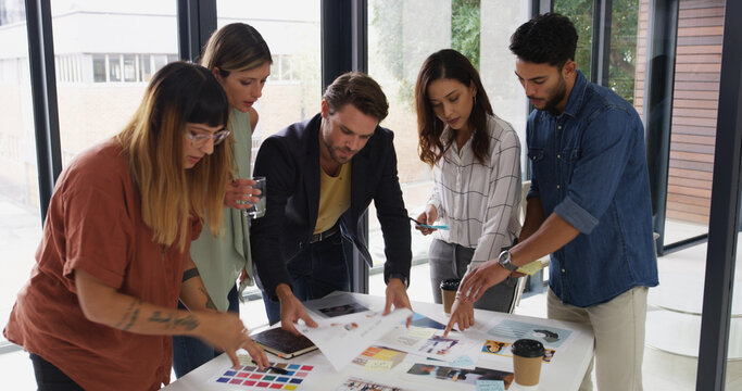 Office, business people and teamwork with choice for color swatch, creative agency and planning. Boardroom, women or men as graphic designer with palette for brainstorming, company branding or point