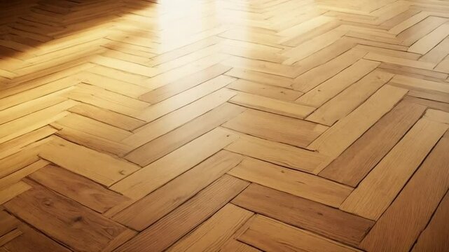 A close up view of a herringbone wood floor with a light shining on the surface of the floor background texture video