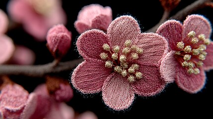 A delicate embroidered cherry blossom, featuring soft pink threads and subtle fabric texture on black.