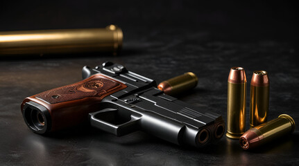 Handgun with rifle and ammunition on dark background with copy space,generative.ai

