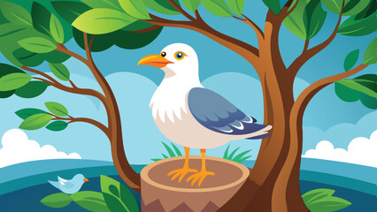 Stylized Seagull Perched on Tree Stump Near Lush Tree Branches and Smaller Blue Bird