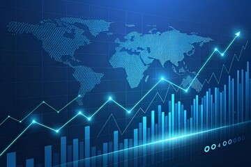 Hyperrealistic Abstract Digital Art of Increasing Stock Market Graph with Glowing Blue Data Lines and World Map Overlay