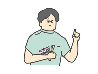 入れ歯と歯ブラシを持ち、指差しをする歯科医師　医療　介護　イラスト