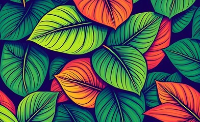 A vibrant, textured seamless pattern background featuring large, stylized tropical leaves. Ideal for cards, banners, copy space, covers, templates, wallpapers and posters.