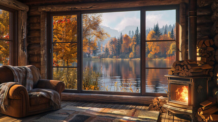 The inside of a cozy wooden cottage with a warm fireplace, a plush armchair, and a large window showing a clear view of a serene lake surrounded by golden autumn trees.