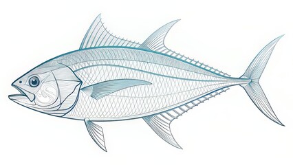 Obraz premium A clean wireframe-style tuna drawing in light outlines, showing anatomical flow and emphasizing fin structures with minimalism.