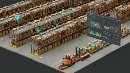 A detailed view of a modern warehouse showcasing inventory management with a forklift and data analytics - Powered by Adobe