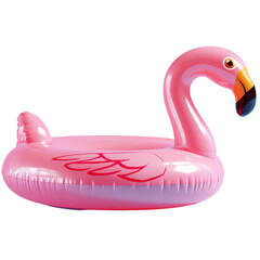 A large pink inflatable pool float shaped like a flamingo with a curved neck and detailed wings.