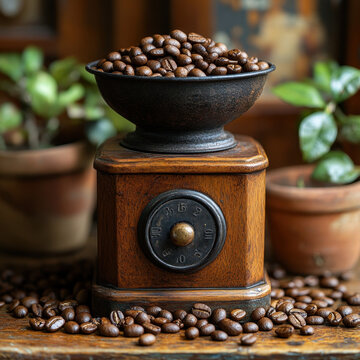 Coffee beans spilling out of a grinding coffee grinder.