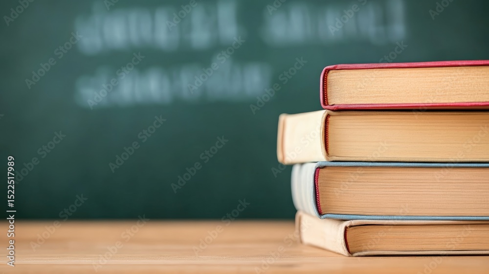 Poster stack of books neatly arranged on a wooden desk with a chalkboard in the background, symbolizing edu