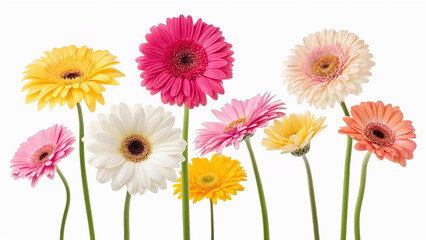 Colorful Collection of Gerbera Daisies with Pink, Yellow, and White Variations on a transparent Background Featuring Different Bloom Designs and Petal Shapes
More