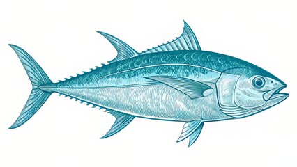 Fototapeta premium A detailed marine drawing of a tuna in cyan tones with fine strokes and classic engraving technique.