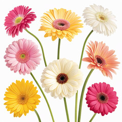 Colorful Collection of Gerbera Daisies with Pink, Yellow, and White Variations on a transparent Background Featuring Different Bloom Designs and Petal Shapes
More
