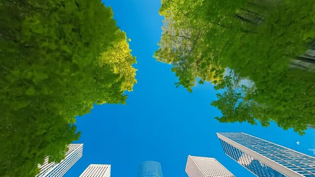 Upward View of Skyscrapers and Lush Greenery Against a Vivid Blue Sky