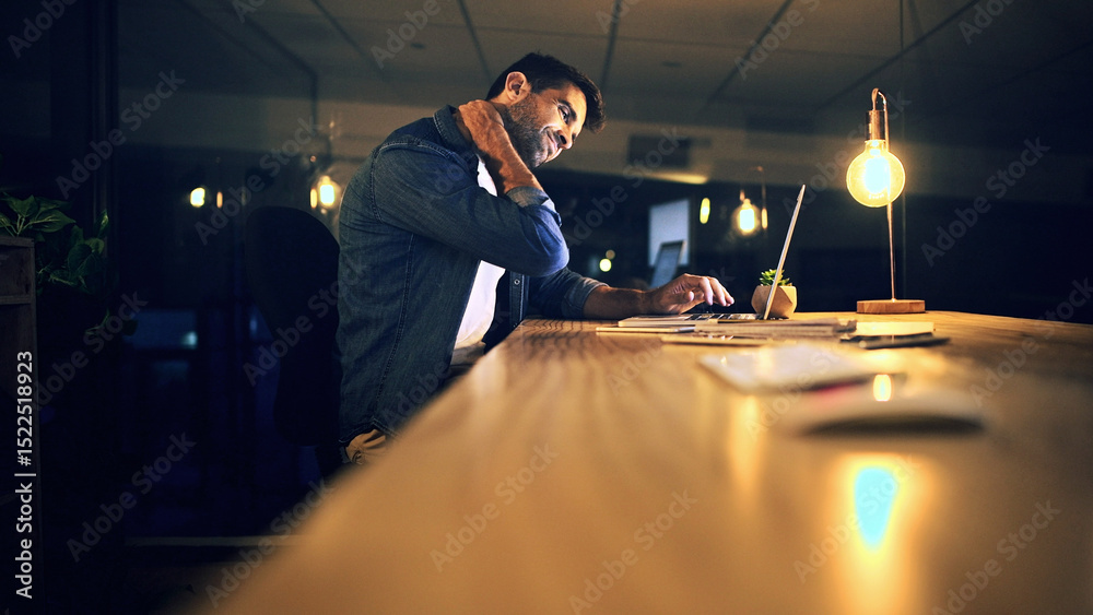 Poster laptop, neck pain and programmer at night for research, web design deadline or office project. creat