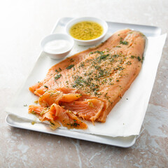 Traditional salted salmon with mustard sauce