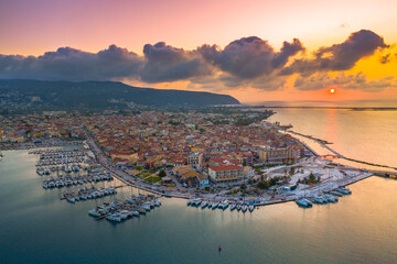 Lefkas (Lefkada) town, amazing view at the small marina for the fishing boats with the nice wooden bridge and promenade, Ionian island, Greece