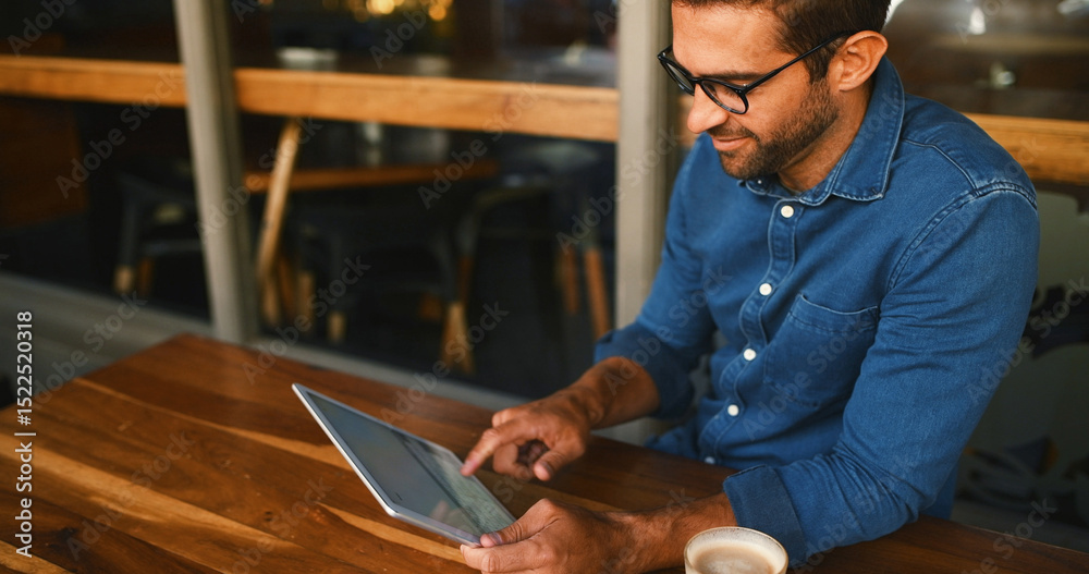 Poster typing, tablet and man in cafe, internet and relax with social media, connection and website info. p