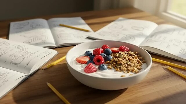 A healthy breakfast bowl of yogurt topped with granola, strawberries, blueberries, and raspberries on a wooden table surrounded by sketchbooks and pencils