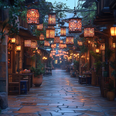 Fototapeta premium Lantern-lit street scene.