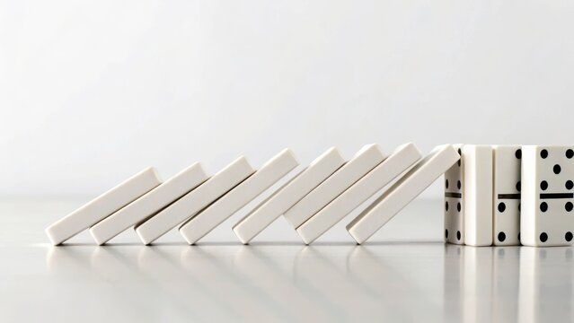 White domino tiles are lined up and falling in sequence, demonstrating the domino effect on a reflective surface.