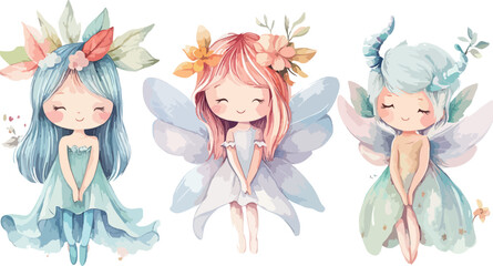 Three Watercolor Fairy Illustrations with Floral Crowns and Delicate Wings Depicting Whimsical and Enchanting Characters for Children s Books Fantasy Art or Decorative Elements