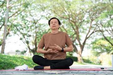 Meditation and Inner Peace. Senior man meditating outdoors in a serene environment.