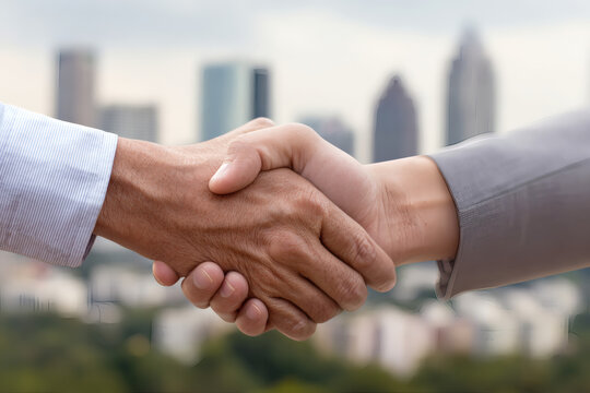 business people shaking hands with skyscraper background
