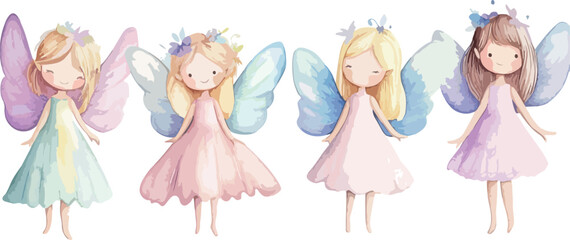 Fototapeta premium Watercolor Illustration of Four Cute Little Fairy Girls with Wings and Flowers in Their Hair Standing in a Row on a White Background Ideal