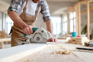 Carpenter cutting wood with eclectic saw