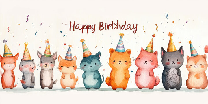 whimsical watercolor painting of marching animals wearing party hats and holding streamers