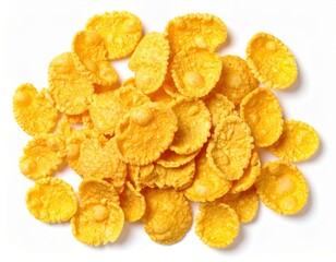 Golden crunchy corn flakes on white background