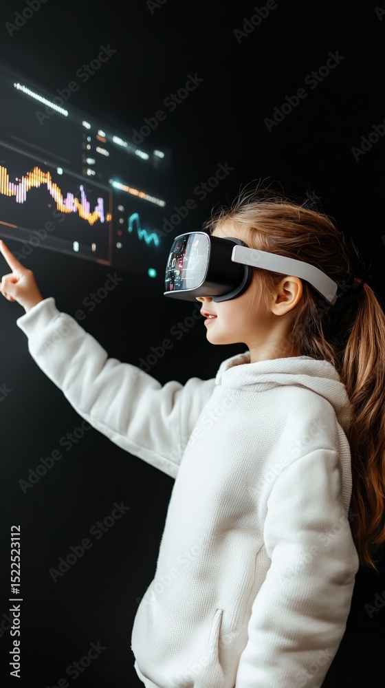 Poster elementary school student wearing a vr headset interacts with virtual charts and graphs, engaging in