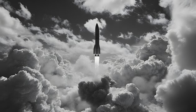 Rocket launch through a dense cloud formation.