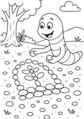 Coloring book worm meticulously arranges pebbles into a heart-shaped pattern with a flower design