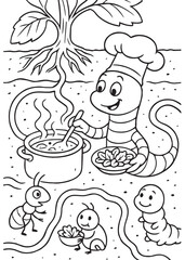 Coloring book chef worm, wearing a chef's hat, happily cooks in a pot and holds a bowl of food, while an ant and two caterpillars