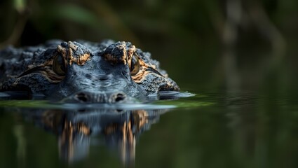 Fototapeta premium Alligators Eye View CloseUp of a Reptile in Murky Water with Reflection