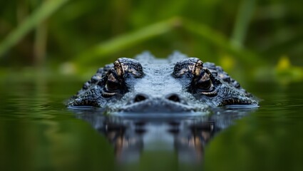 Obraz premium Alligators Gaze EyeLevel Encounter in Murky Waters Reflecting Greenery