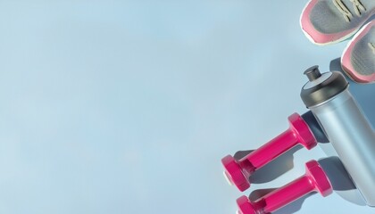 Fitness and hydration concept with dumbbell and water bottles 