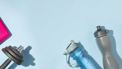 Fitness and hydration concept with dumbbell and water bottles on blue background