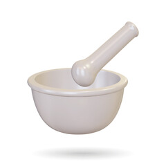 3d Realistic mortar and pestle. Vector illustration. Advertising for hospital or pharmaceutical company. Sign for pharmacy. Porcelain mortar and pestle.