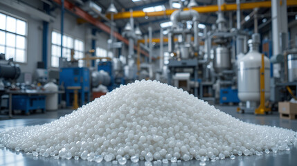 High quality polymer materials manufacturing facility, showcasing pile of clear resin pellets. scene conveys sense