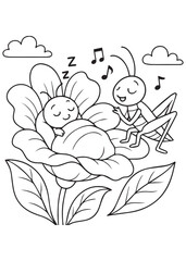 Coloring book cricket serenades a peacefully sleeping insect nestled in a large flower.