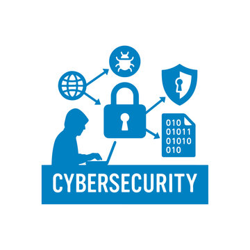 illustration of a hooded hacker at a laptop with cybersecurity icons&mdash;padlock, payload, binary file, shield with keyhole, on white background. Digital protection and data breach concept.