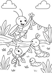 Coloring book friendly group of insects, including a cricket, an ant, and two caterpillars,